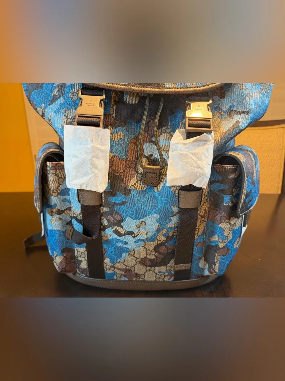 New Authentic Gucci GG Supreme Logo Blue Camo Backpack Tan Size Large